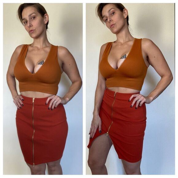Forever 21 Ribbed Skirt Orange Gold Double Zipper Small Stretchy - Picture 1 of 9